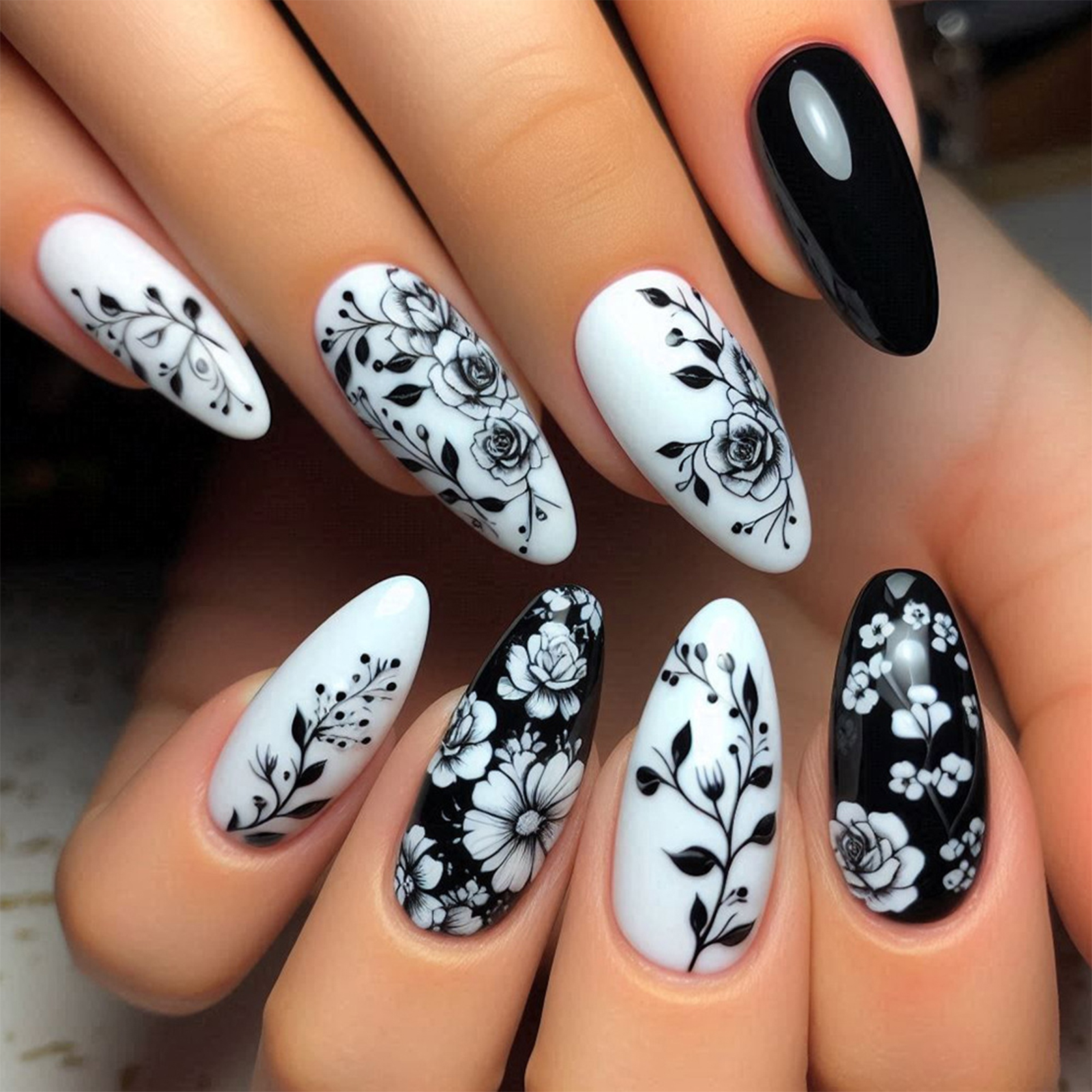 24Pcs Almond Fake Nails Black/ - Pressed Flower Art ulasan dan harga