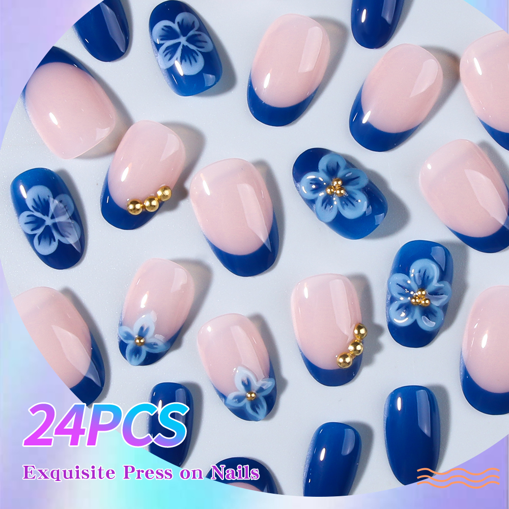 24pcs Short Oval 3D Gel Nail S - Pressed Flower Art ulasan dan harga