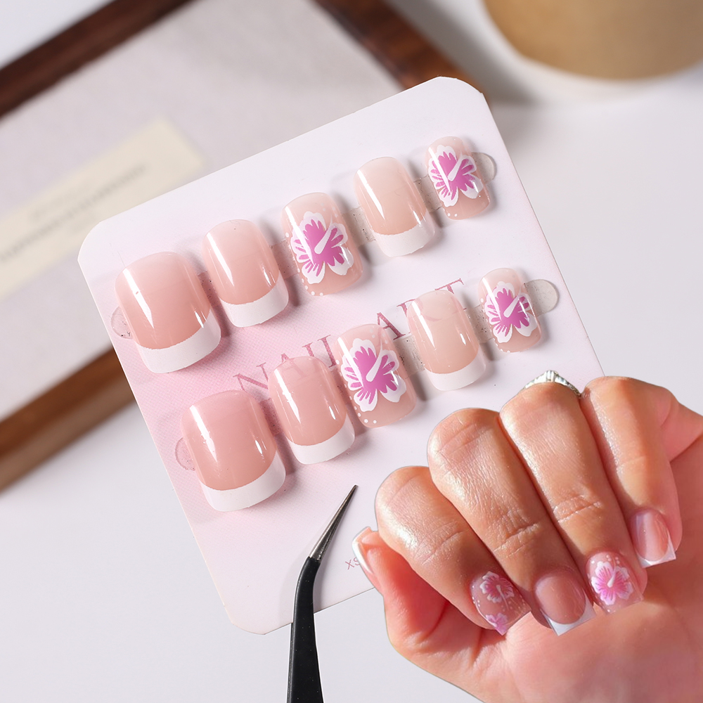 24Pcs French Flower False Nail - Pressed Flower Art ulasan dan harga